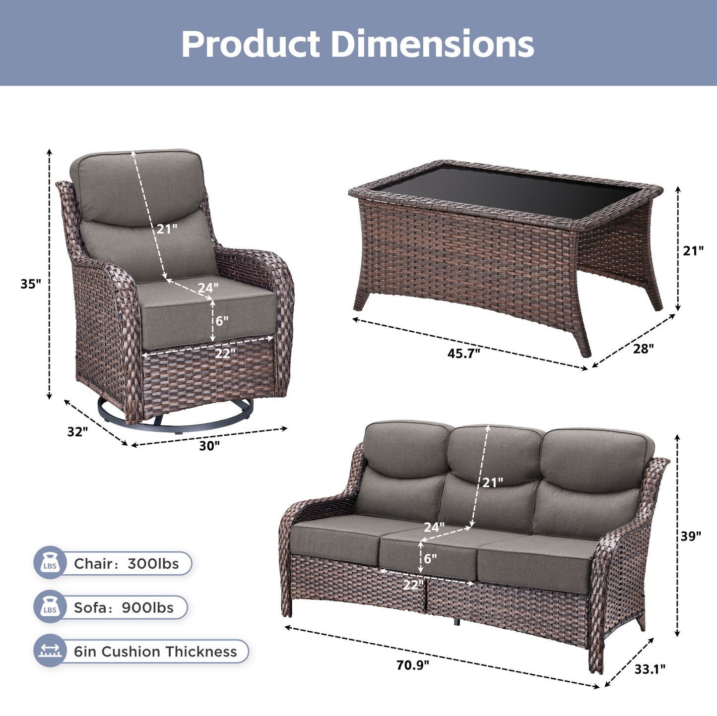 Premium 4PCS Patio Conversation Set for Backyard & Deck, Hand-Woven Rattan Sofa, Swivel Chairs & Coffee Table with 6" Cushions, NT Series