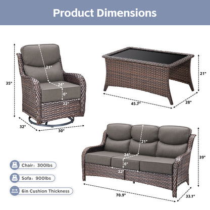 Premium 4PCS Patio Conversation Set for Backyard & Deck, Hand-Woven Rattan Sofa, Swivel Chairs & Coffee Table with 6" Cushions, NT Series