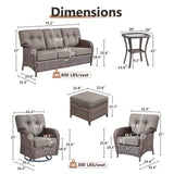Belord outdoor patio conversation set with brown wicker sofa, swivel chairs, patio chairs, side table, and cushioned footstools.