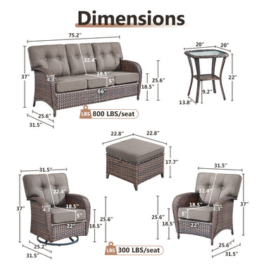 Belord outdoor patio conversation set with brown wicker sofa, swivel chairs, patio chairs, side table, and cushioned footstools.