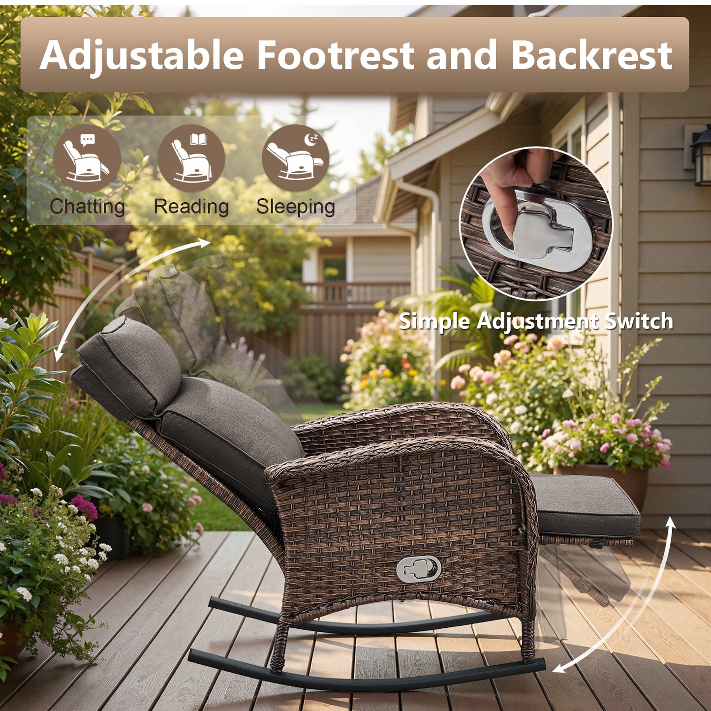 Premium 4-Piece Wicker Rocking Recliner Chair Set with Adjustable Backrest & Footrest, Cushioned PE Rattan Patio Lounge Chairs, NDS Series