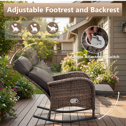 Premium 4-Piece Wicker Rocking Recliner Chair Set with Adjustable Backrest & Footrest, Cushioned PE Rattan Patio Lounge Chairs, NDS Series