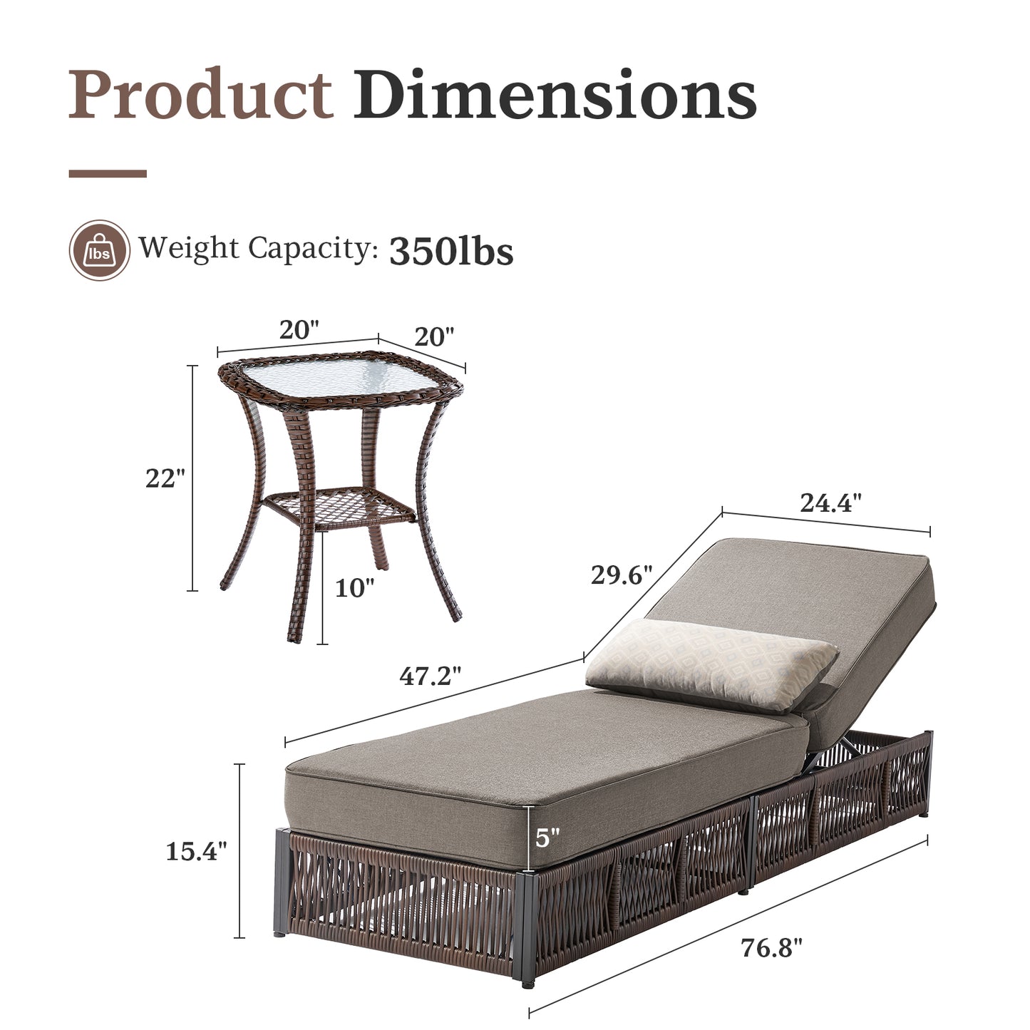 3-Piece Ultimate Comfort Lounge Set – 2 Adjustable 76.8" Chaise Lounges with 5-Inch Cushions + Side Table, NTC Series