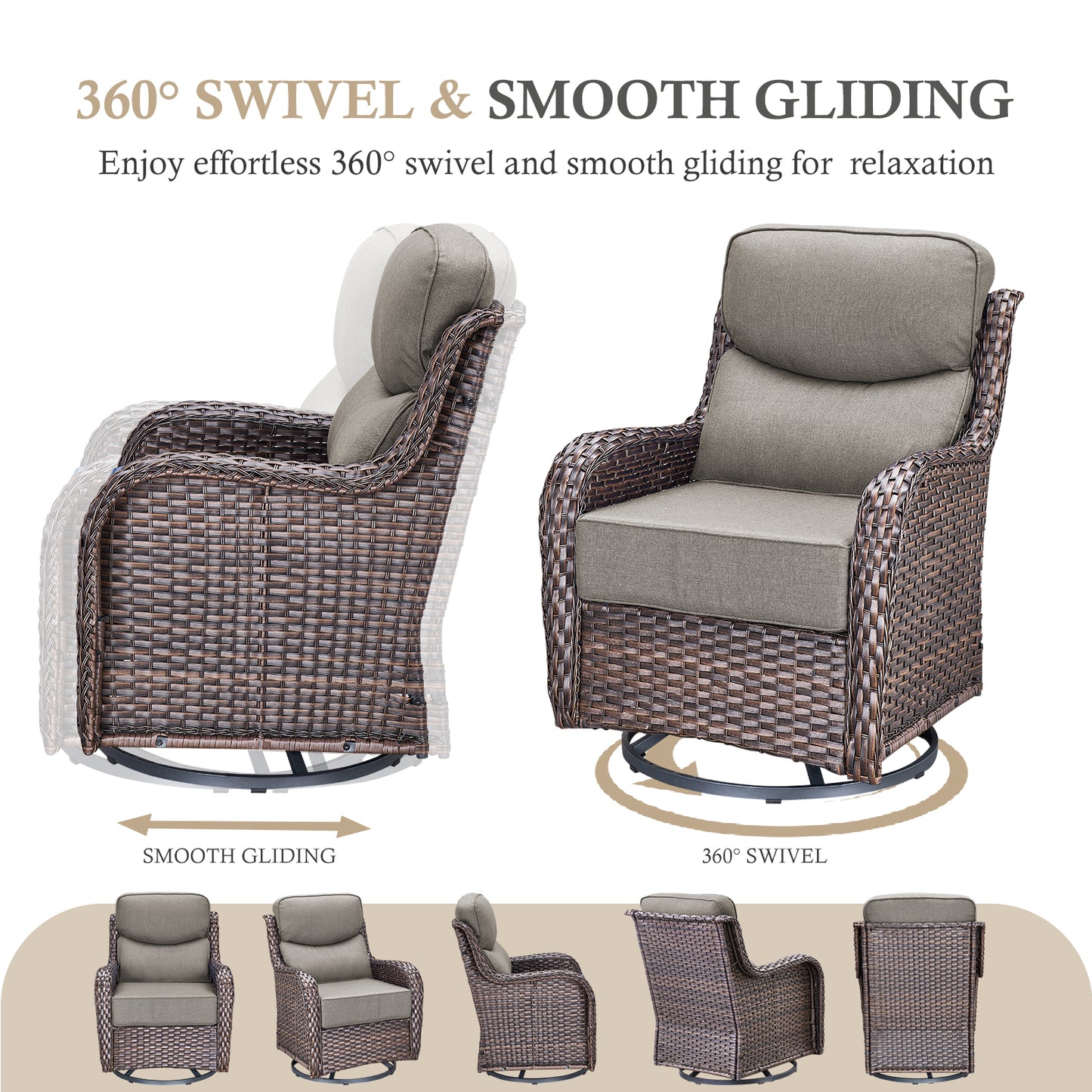 Premium 4PCS Patio Conversation Set for Backyard & Deck, Hand-Woven Rattan Sofa, Swivel Chairs & Coffee Table with 6" Cushions, NT Series