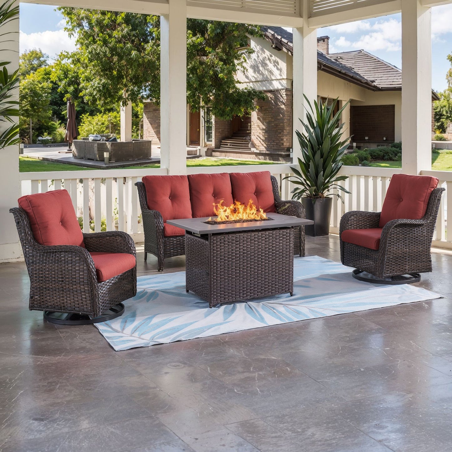 4-Piece Outdoor Conversation Set with Rectangular Fire Table, Sofa & Swivel Chairs, NTC Series
