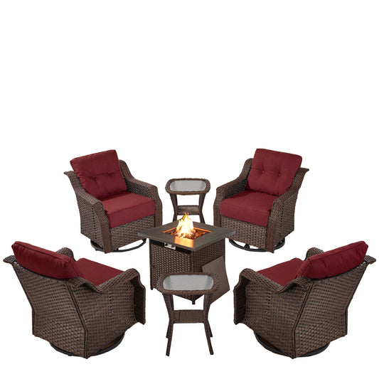 Luxury 7-Piece Outdoor Fire Pit Set - 4 Swivel Glider Chairs with 30" Propane Table & 6" Thick Cushions, Ovolo Series