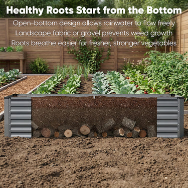 Dark gray Belord galvanized metal raised garden bed with 8x4x2ft dimensions and 479-gallon soil capacity for outdoor planting.