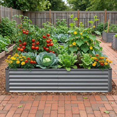 Dark gray galvanized raised garden bed by Belord, 6x3x2 ft metal planter box for vegetables, herbs, and flowers outdoor use