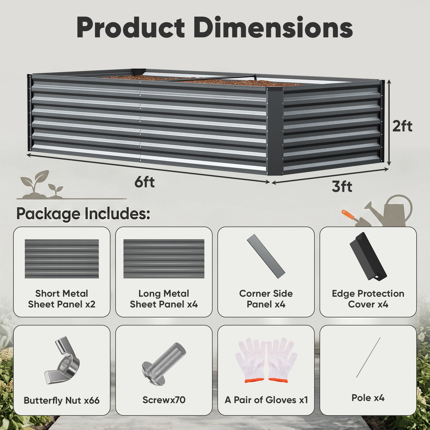 6x3x2ft Galvanized Raised Garden Bed, Outdoor Metal Planter Box with 269 Gallon Capacity for Vegetables, Herbs & Flowers