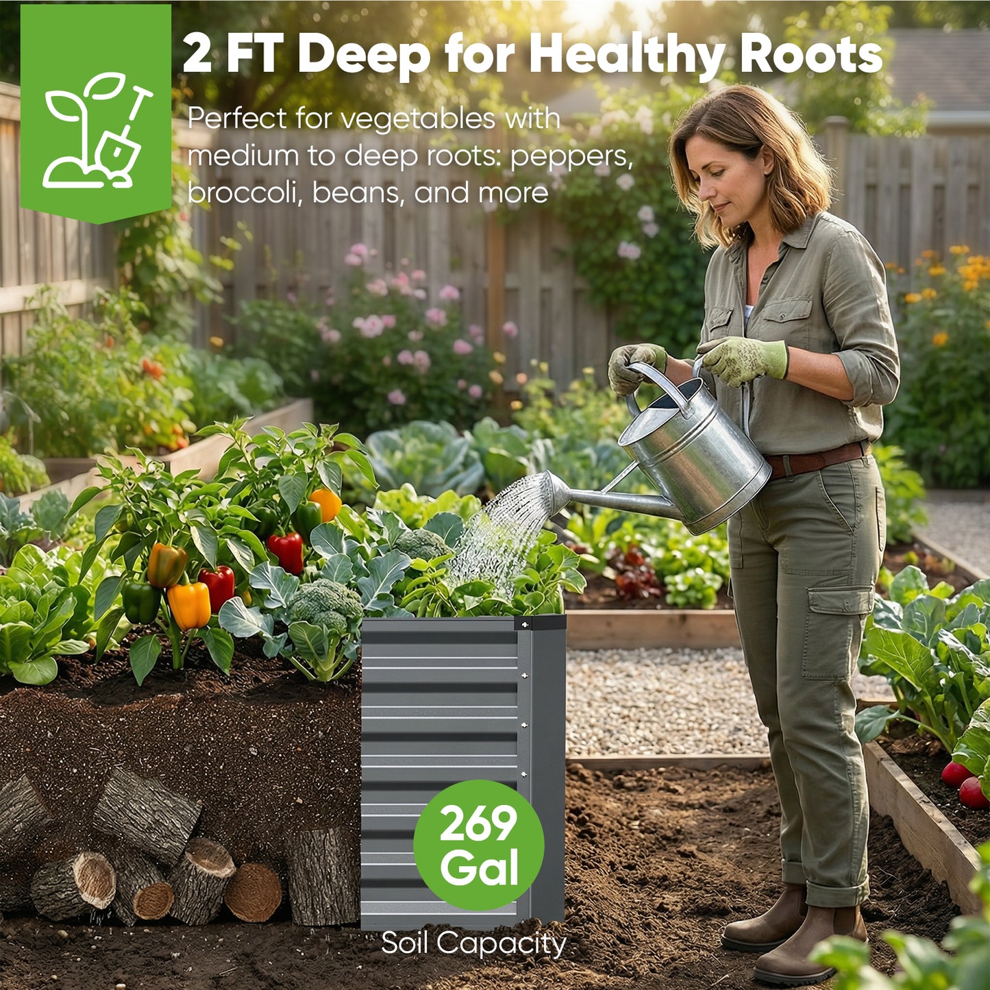 6x3x2ft Galvanized Raised Garden Bed, Outdoor Metal Planter Box with 269 Gallon Capacity for Vegetables, Herbs & Flowers