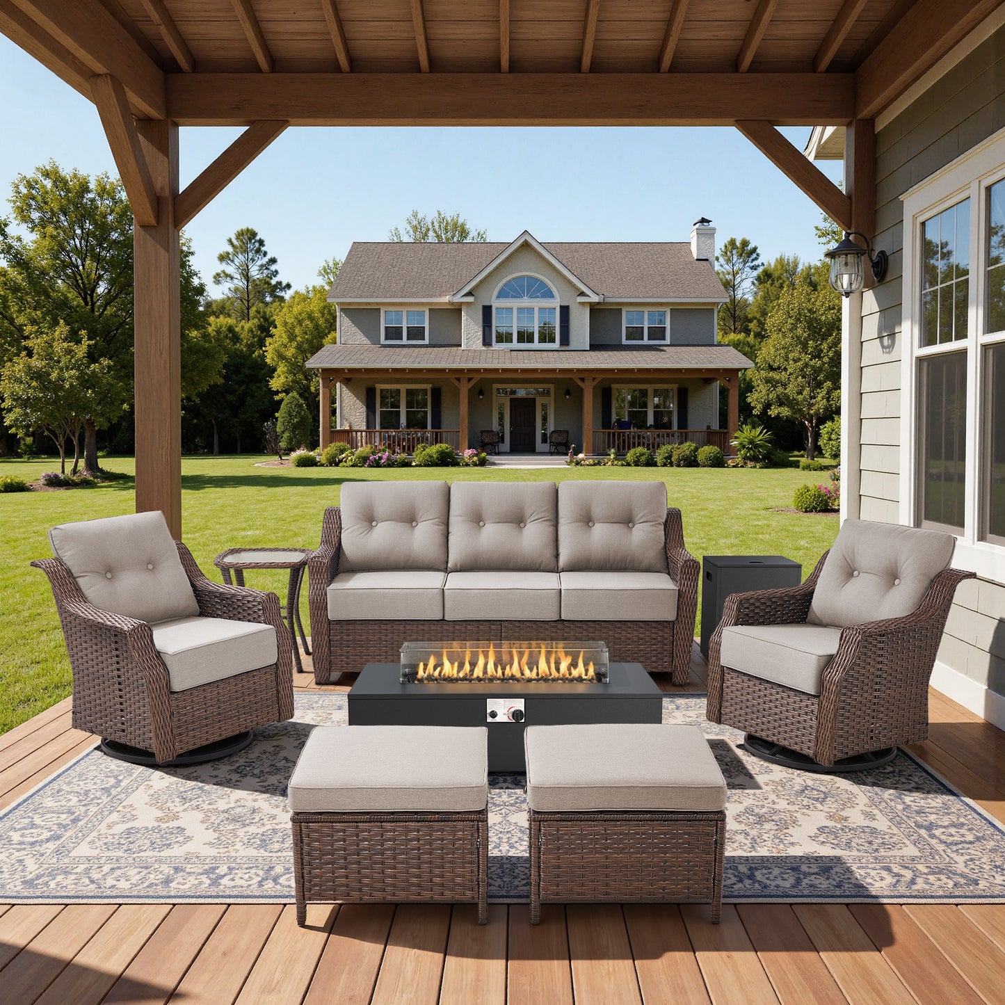 7-Piece Premium Patio Furniture Set with Fire Pit, 3-Seat Sofa, Swivel Chairs & Ottomans, All-Weather Wicker for Backyard & Deck