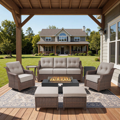7-Piece Premium Patio Furniture Set with Fire Pit, 3-Seat Sofa, Swivel Chairs & Ottomans, All-Weather Wicker for Backyard & Deck