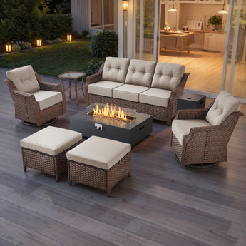 7-Piece Premium Patio Furniture Set with Fire Pit, 3-Seat Sofa, Swivel Chairs & Ottomans, All-Weather Wicker for Backyard & Deck, Ovolo Series