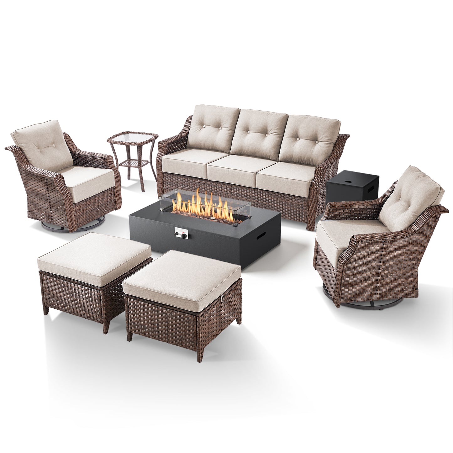 7-Piece Premium Patio Furniture Set with Fire Pit, 3-Seat Sofa, Swivel Chairs & Ottomans, All-Weather Wicker for Backyard & Deck