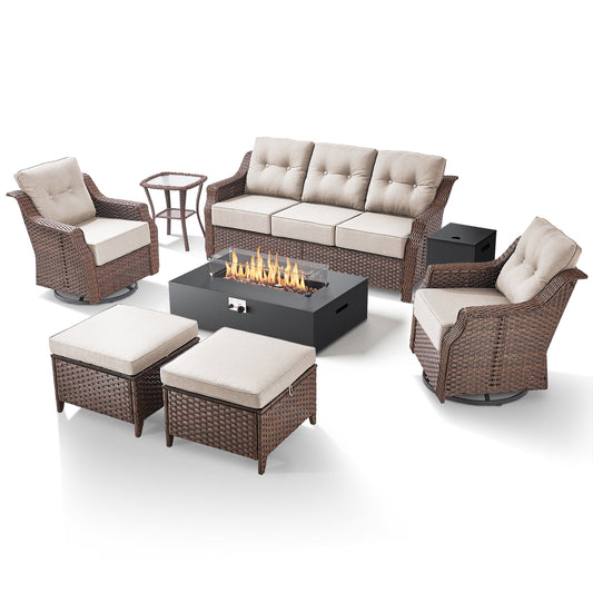 7-Piece Premium Patio Furniture Set with Fire Pit, 3-Seat Sofa, Swivel Chairs & Ottomans, All-Weather Wicker for Backyard & Deck