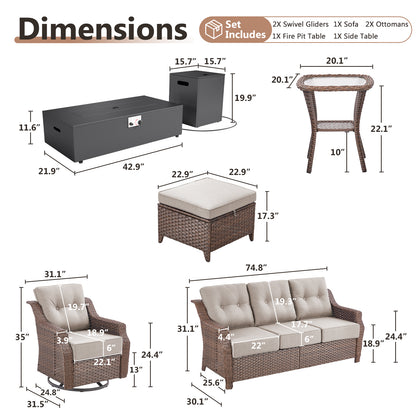 7-Piece Premium Patio Furniture Set with Fire Pit, 3-Seat Sofa, Swivel Chairs & Ottomans, All-Weather Wicker for Backyard & Deck