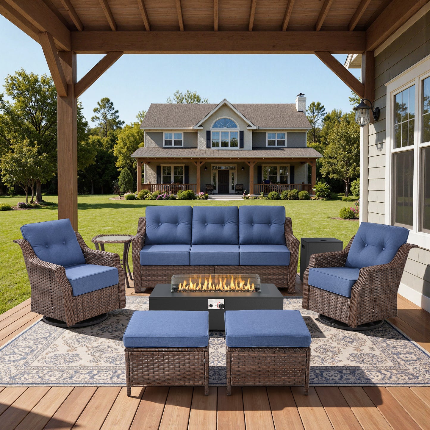 7-Piece Premium Patio Furniture Set with Fire Pit, 3-Seat Sofa, Swivel Chairs & Ottomans, All-Weather Wicker for Backyard & Deck