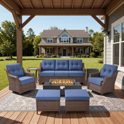 7-Piece Premium Patio Furniture Set with Fire Pit, 3-Seat Sofa, Swivel Chairs & Ottomans, All-Weather Wicker for Backyard & Deck