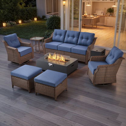 7-Piece Premium Patio Furniture Set with Fire Pit, 3-Seat Sofa, Swivel Chairs & Ottomans, All-Weather Wicker for Backyard & Deck