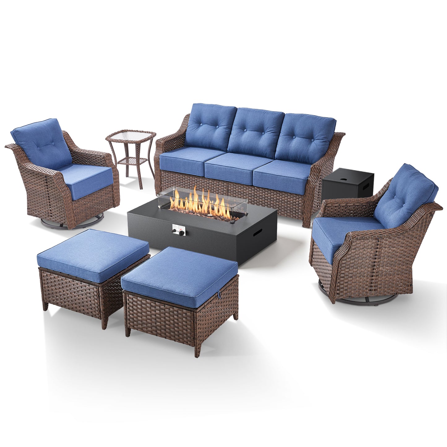 7-Piece Premium Patio Furniture Set with Fire Pit, 3-Seat Sofa, Swivel Chairs & Ottomans, All-Weather Wicker for Backyard & Deck