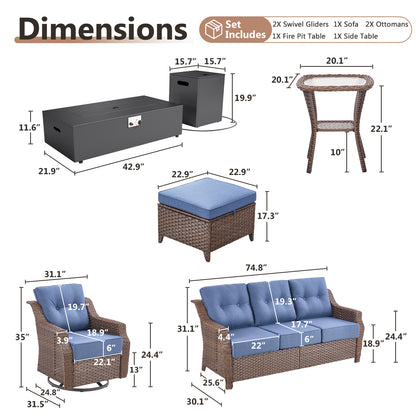 7-Piece Premium Patio Furniture Set with Fire Pit, 3-Seat Sofa, Swivel Chairs & Ottomans, All-Weather Wicker for Backyard & Deck