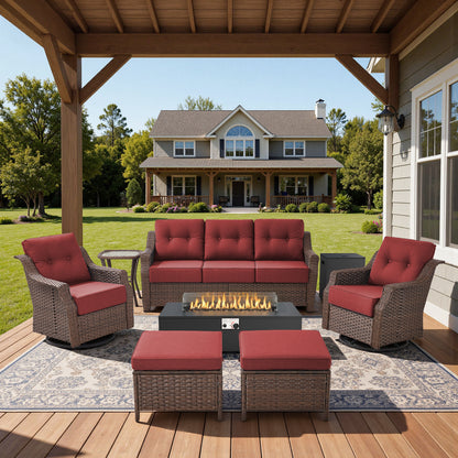 7-Piece Premium Patio Furniture Set with Fire Pit, 3-Seat Sofa, Swivel Chairs & Ottomans, All-Weather Wicker for Backyard & Deck
