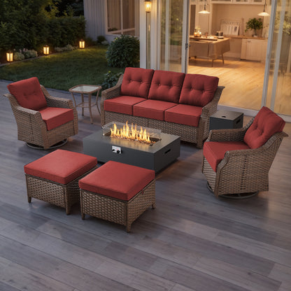 7-Piece Premium Patio Furniture Set with Fire Pit, 3-Seat Sofa, Swivel Chairs & Ottomans, All-Weather Wicker for Backyard & Deck