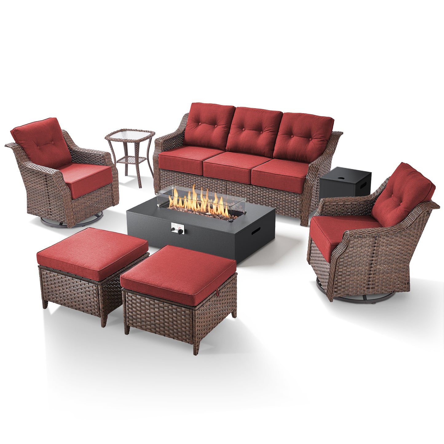 7-Piece Premium Patio Furniture Set with Fire Pit, 3-Seat Sofa, Swivel Chairs & Ottomans, All-Weather Wicker for Backyard & Deck