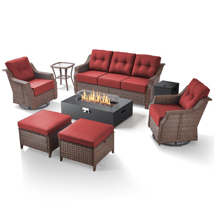 7-Piece Premium Patio Furniture Set with Fire Pit, 3-Seat Sofa, Swivel Chairs & Ottomans, All-Weather Wicker for Backyard & Deck