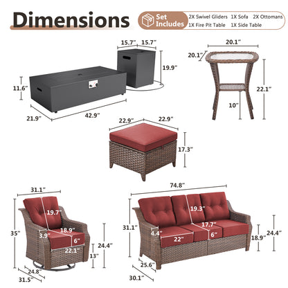 7-Piece Premium Patio Furniture Set with Fire Pit, 3-Seat Sofa, Swivel Chairs & Ottomans, All-Weather Wicker for Backyard & Deck