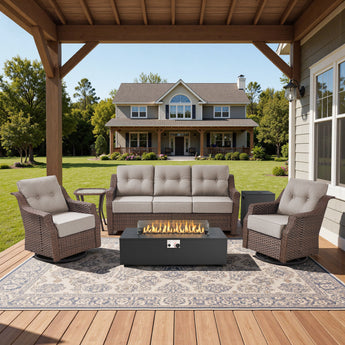 Luxury 5PC Outdoor Patio Set with Fire Pit, Heavy-Duty Rattan Sofa & Swivel Chairs, 6-Inch Cushions for Garden Parties & Backyard Relaxing, Ovolo Series