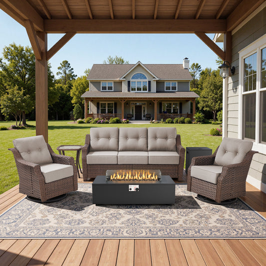 Luxury 5PC Outdoor Patio Set with Fire Pit, Heavy-Duty Rattan Sofa & Swivel Chairs, 6-Inch Cushions for Garden Parties & Backyard Relaxing