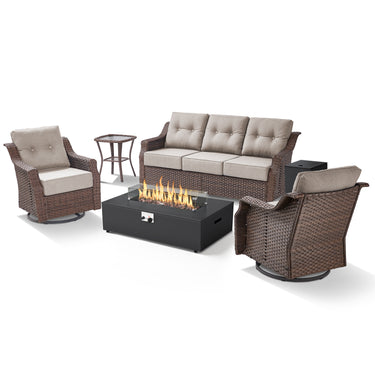 Luxury 5PC Outdoor Patio Set with Fire Pit, Heavy-Duty Rattan Sofa & Swivel Chairs, 6-Inch Cushions for Garden Parties & Backyard Relaxing, Ovolo Series