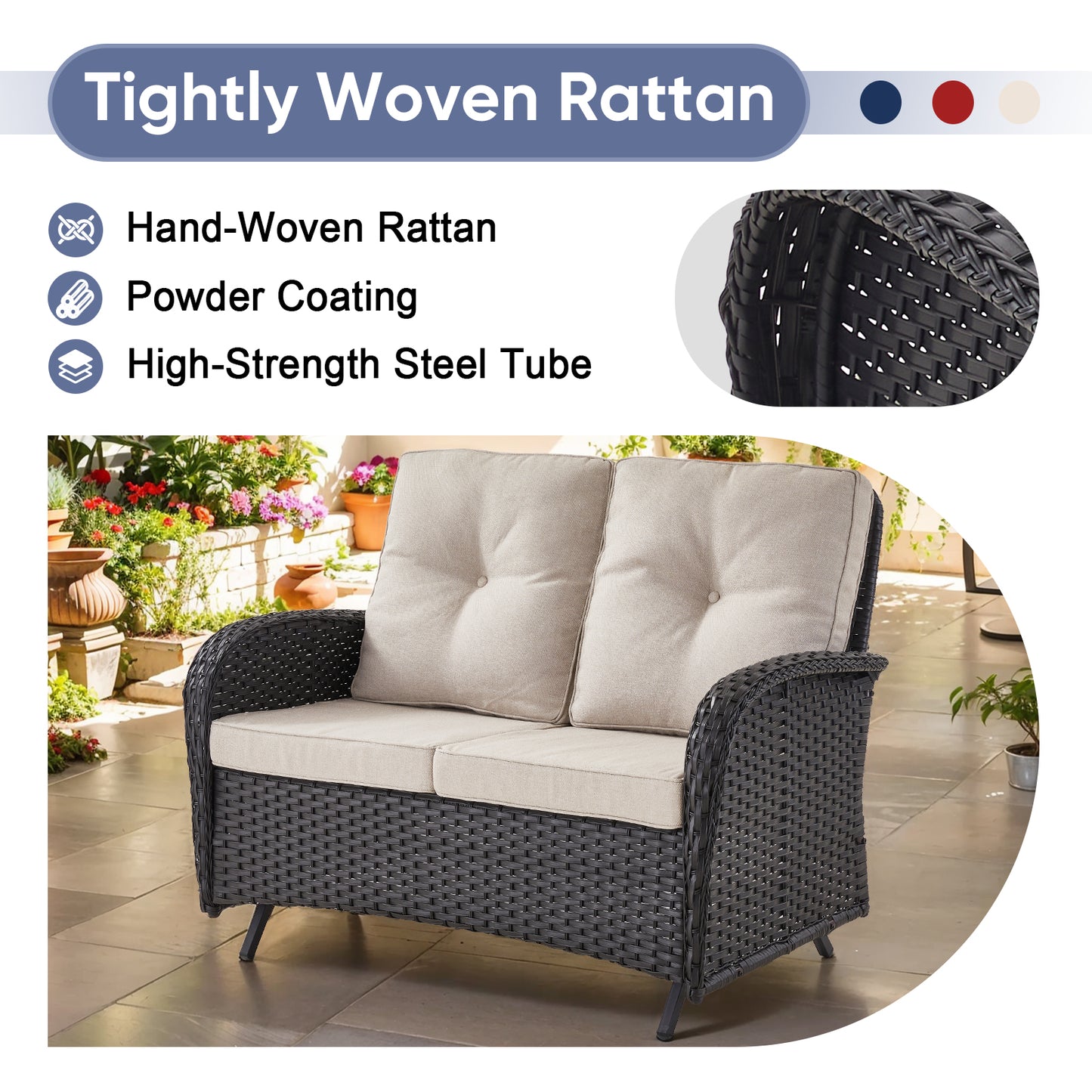 Outdoor Cozy Retreat: 8PC Set with Glider Loveseat, Swivel & Rocking Chairs, Side Tables, Split Fire Pit, NDS Series