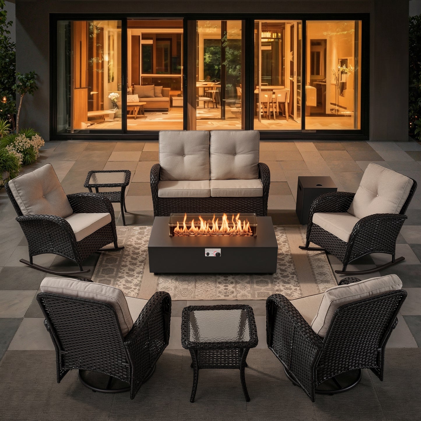 Outdoor Cozy Retreat: 8PC Set with Glider Loveseat, Swivel & Rocking Chairs, Side Tables, Split Fire Pit, NDS Series