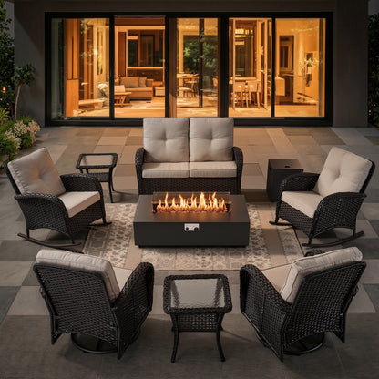 Outdoor Cozy Retreat: 8PC Set with Glider Loveseat, Swivel & Rocking Chairs, Side Tables, Split Fire Pit, NDS Series