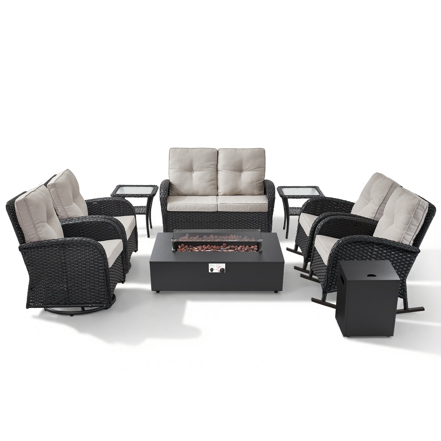 Outdoor Cozy Retreat: 8PC Set with Glider Loveseat, Swivel & Rocking Chairs, Side Tables, Split Fire Pit, NDS Series