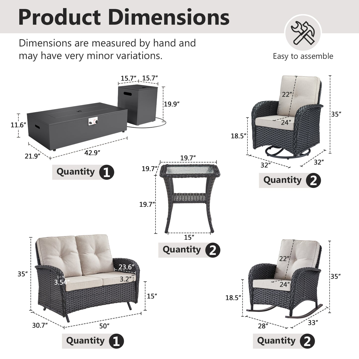 Outdoor Cozy Retreat: 8PC Set with Glider Loveseat, Swivel & Rocking Chairs, Side Tables, Split Fire Pit, NDS Series