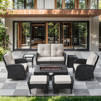 7-Piece Outdoor Conversation Set with Fire Pit, Glider Loveseat, 2 Swivel Chairs, Side Tables & 2 Ottomans, NDS Series