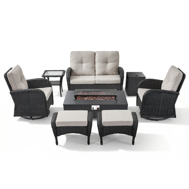 7-Piece Outdoor Conversation Set with Fire Pit, Glider Loveseat, 2 Swivel Chairs, Side Tables & 2 Ottomans, NDS Series
