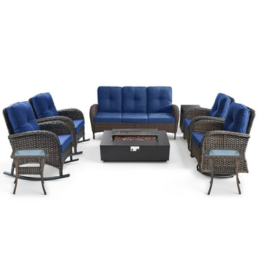 8-Piece Outdoor Patio Conversation Set with Sofa, 2 Swivel Chairs, 2 Rocking Chairs, Side Tables & Split Fire Pit, NDS Series