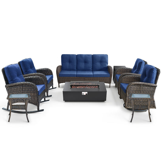 8-Piece Outdoor Patio Conversation Set with Sofa, 2 Swivel Chairs, 2 Rocking Chairs, Side Tables & Split Fire Pit, NDS Series