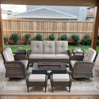 7PC Patio Conversation Set with Fire Pit, 3-Seat Sofa, 2 Swivel Chairs, Side Table & 2 Ottomans, NDS Series