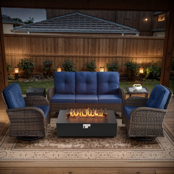 5-Piece Patio Conversation Set with 3-Seat Sofa, 2 Swivel Chairs, Side Table & Split Fire Pit, NDS Series