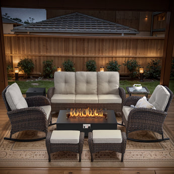 7-Piece Patio Conversation Set with Fire Pit – Sofa, 2 Rocking Chairs, Side Table & 2 Ottomans, NDS Series