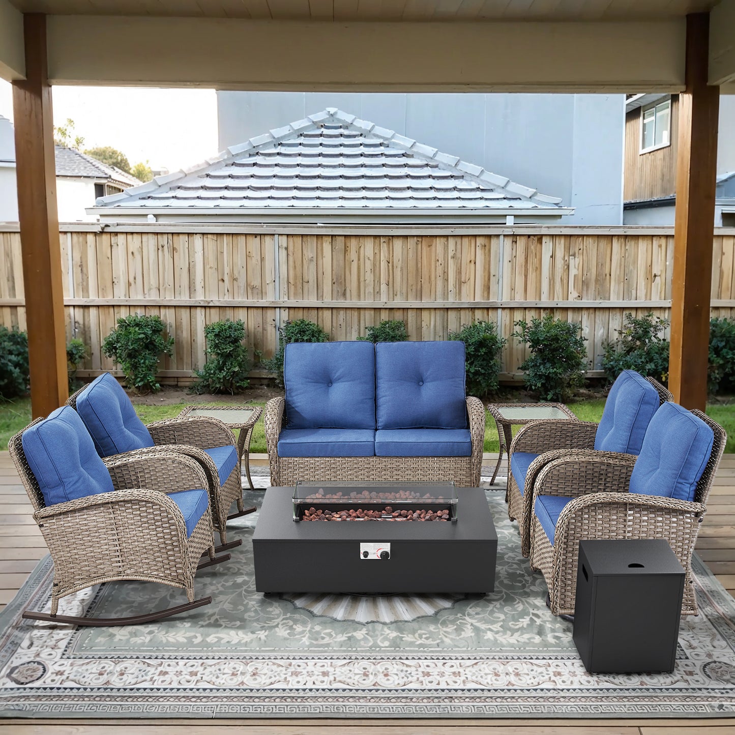 Outdoor Cozy Retreat: 8PC Set with Glider Loveseat, Swivel & Rocking Chairs, Side Tables, Split Fire Pit, NDS Series