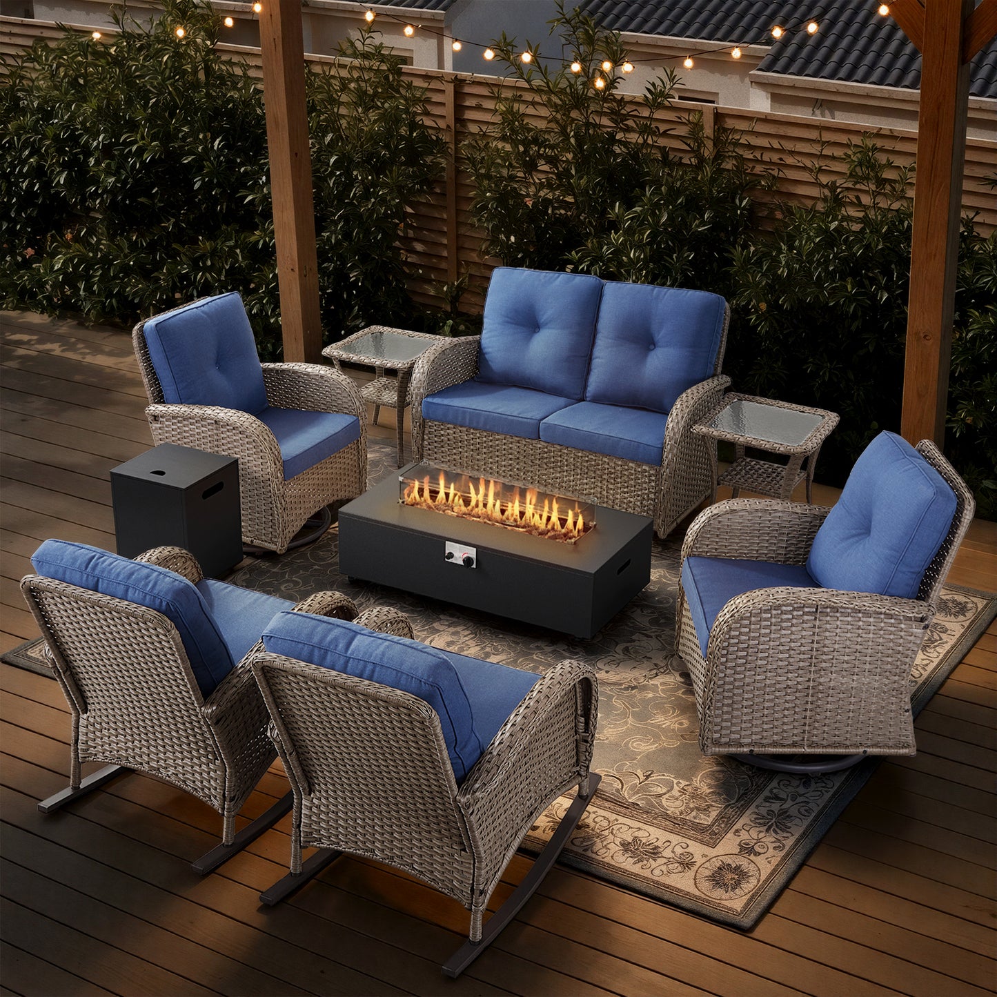 Outdoor Cozy Retreat: 8PC Set with Glider Loveseat, Swivel & Rocking Chairs, Side Tables, Split Fire Pit, NDS Series