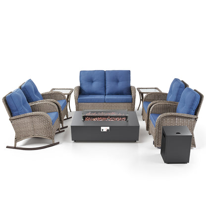 Outdoor Cozy Retreat: 8PC Set with Glider Loveseat, Swivel & Rocking Chairs, Side Tables, Split Fire Pit, NDS Series