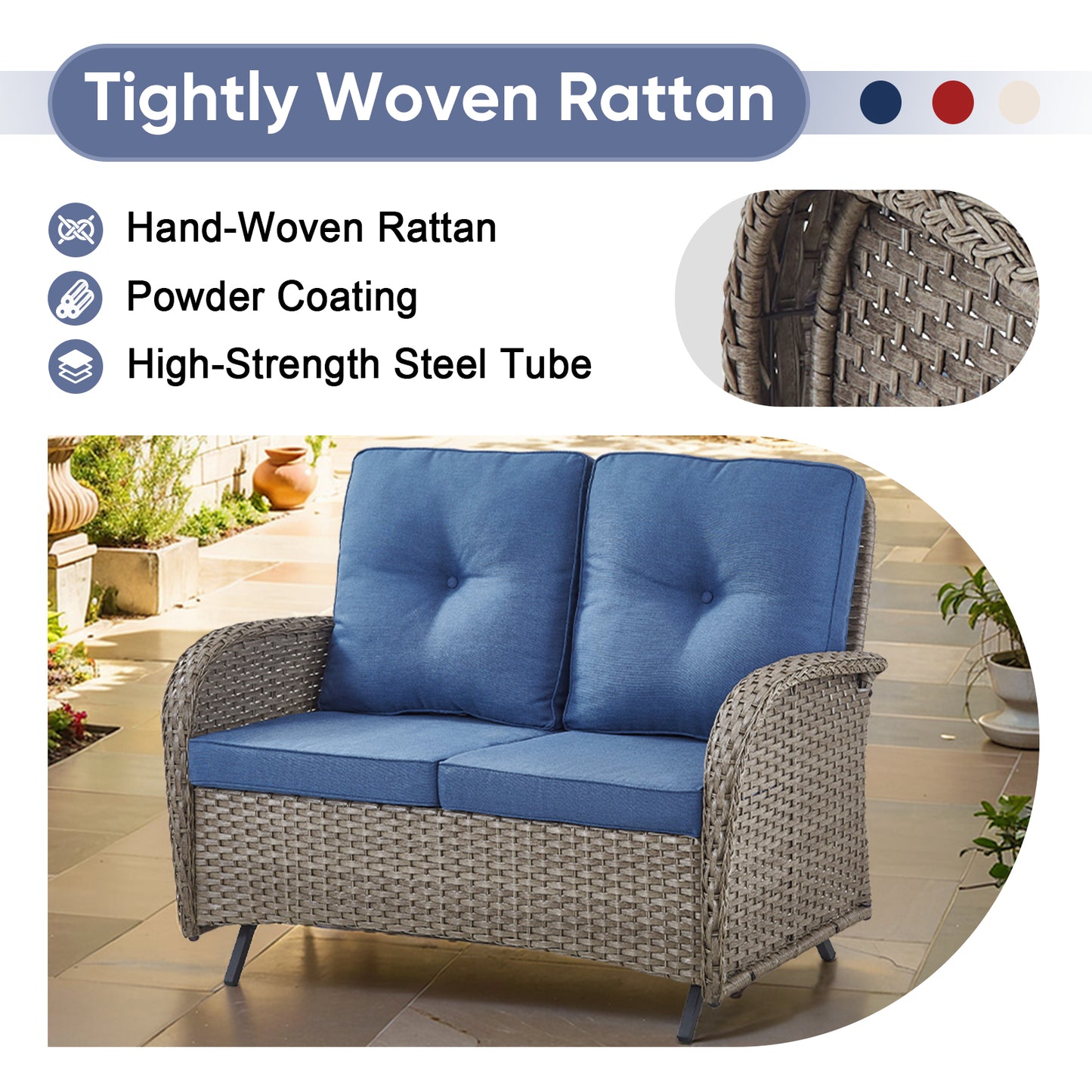 Outdoor Cozy Retreat: 8PC Set with Glider Loveseat, Swivel & Rocking Chairs, Side Tables, Split Fire Pit, NDS Series