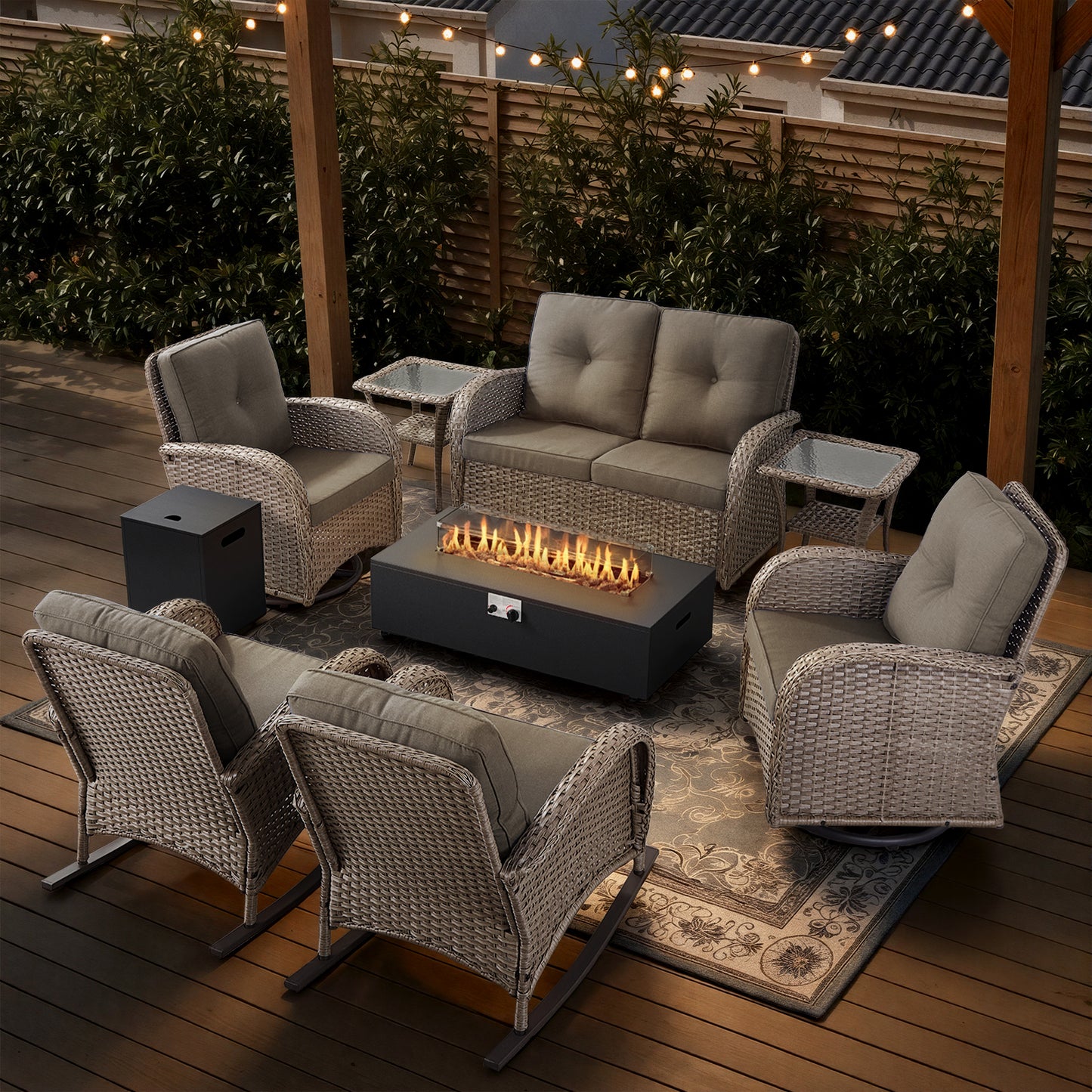 Outdoor Cozy Retreat: 8PC Set with Glider Loveseat, Swivel & Rocking Chairs, Side Tables, Split Fire Pit, NDS Series